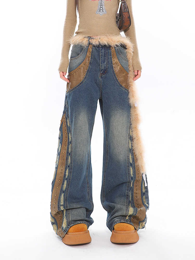 Deconstructed Leather Patchwork Jeans – Retro Washed Wide Leg