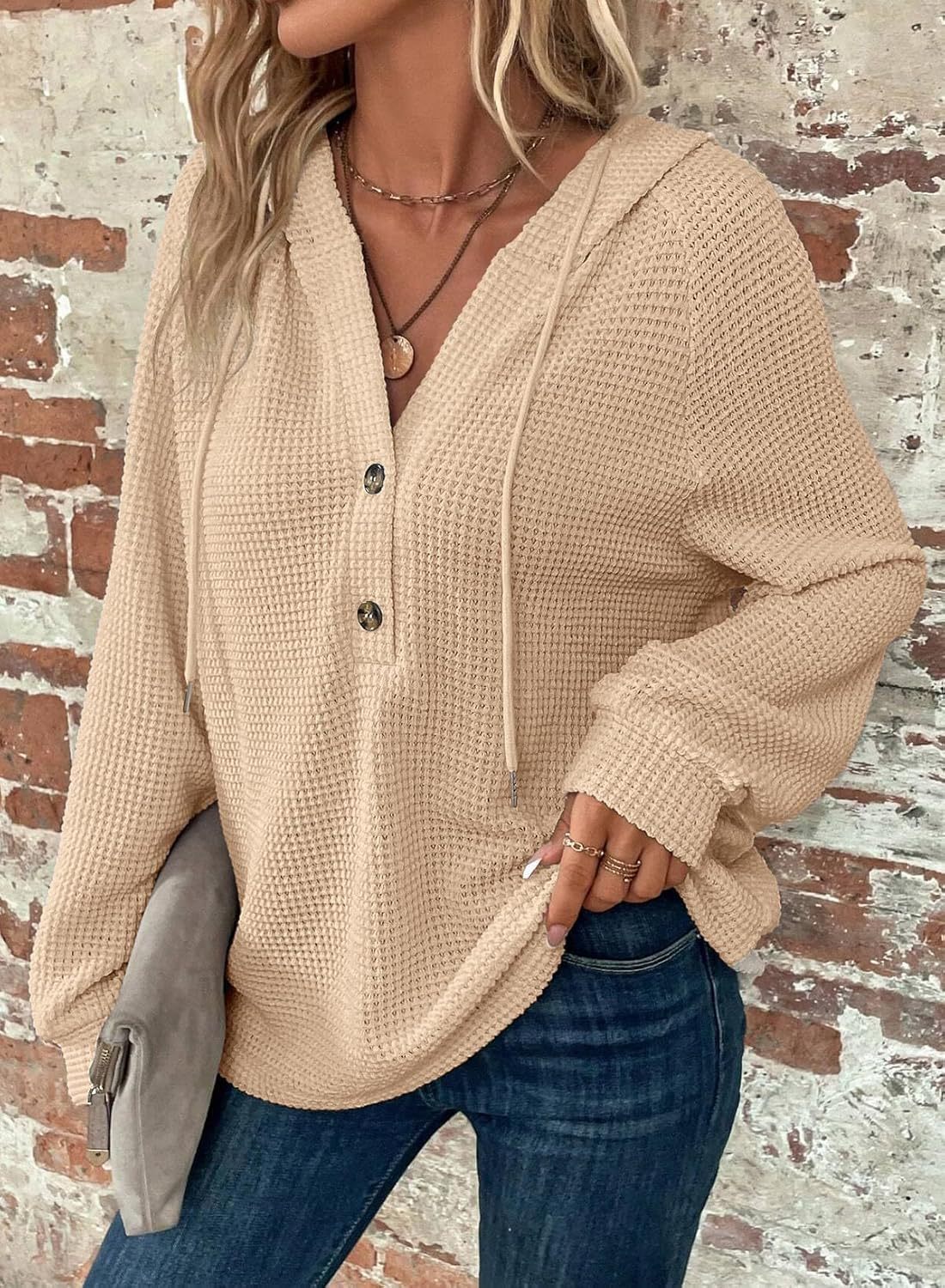 Waffle Hooded Sweater Sweatshirt Fashion Casual Long-sleeved Drawstring V-neck Buttons Top Women's Clothing