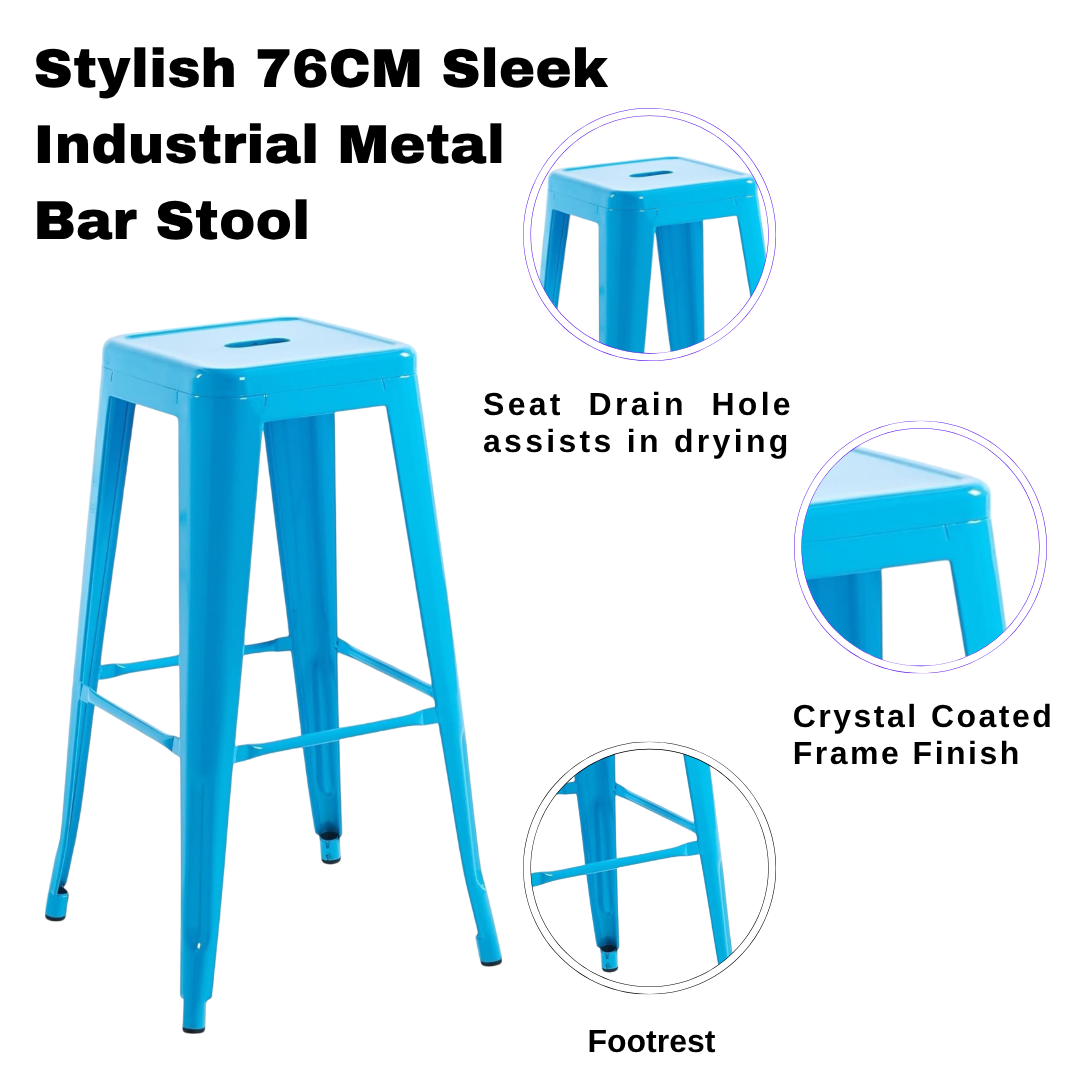AcaciaHome Modern and Contemporary 76CM Sleek Industrial Metal Bar Stool – Durable Sturdy Steel Frame with Comfortable Seat for Kitchen Islands, Home Bars, Cafes, and Restaurants (Blue)