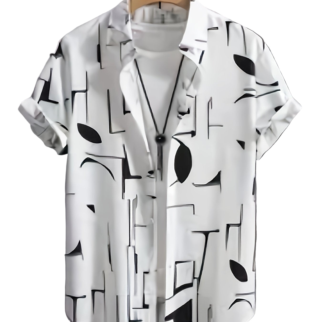 New Men's Casual Abstract Geometric Print, Button-Up Collar, Machine Washable Summer Shirt