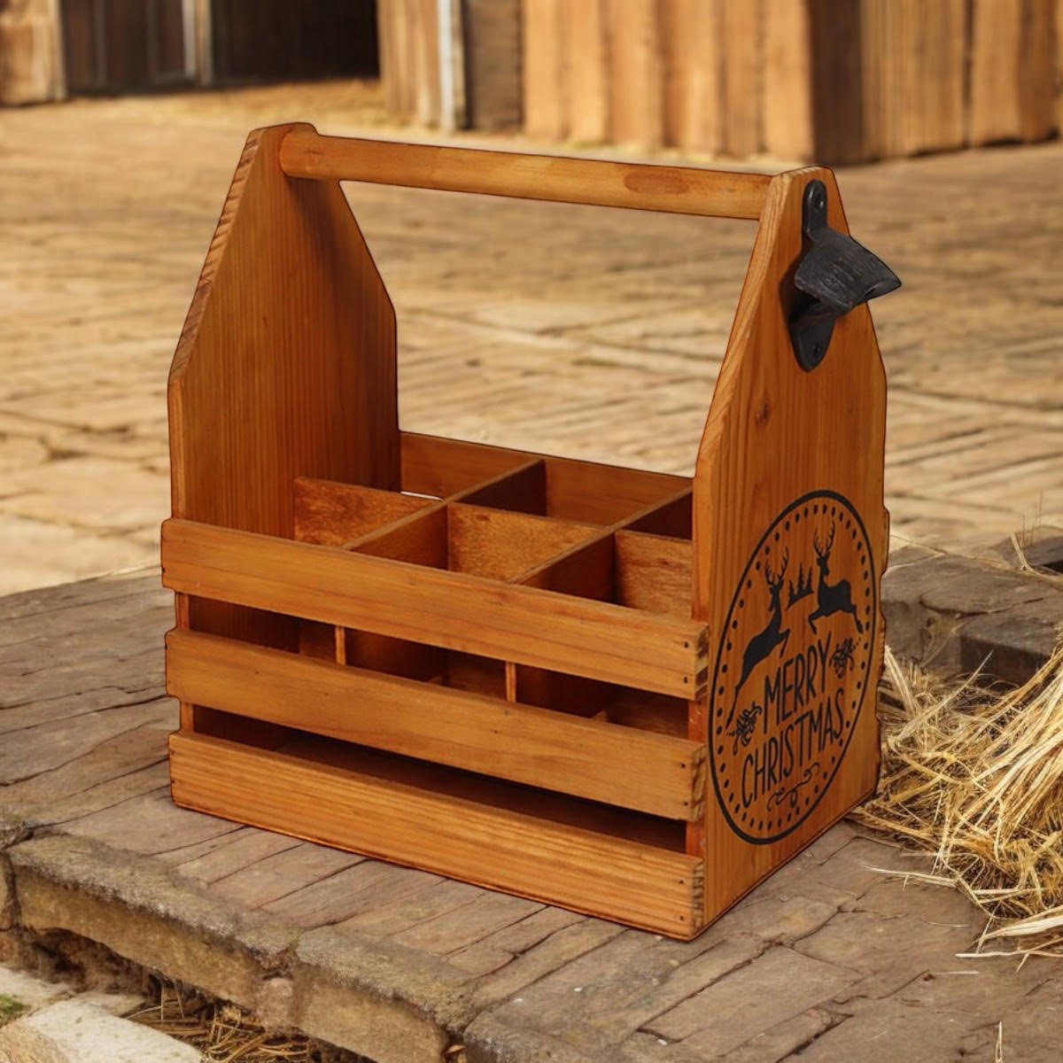 WOODEN 6 BOTTLE HOLDER WITH METAL OPENER