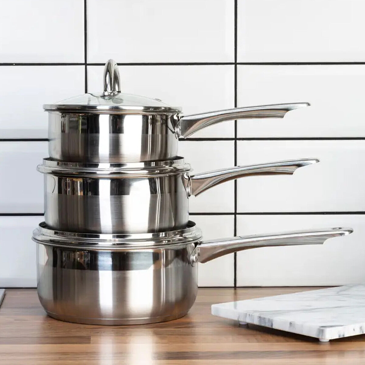Set of 3 Stainless Steel Saucepan with Lids | Crosse