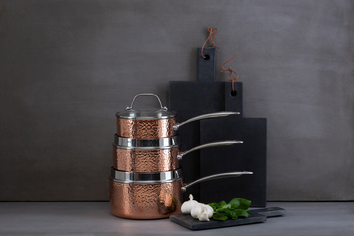 Minerva Small 16 cm Hammered Copper Finish Saucepan with Lid