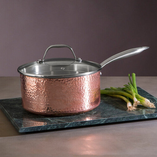 Minerva Copper Finish Large 20 cm Hammered Saucepan with Lid