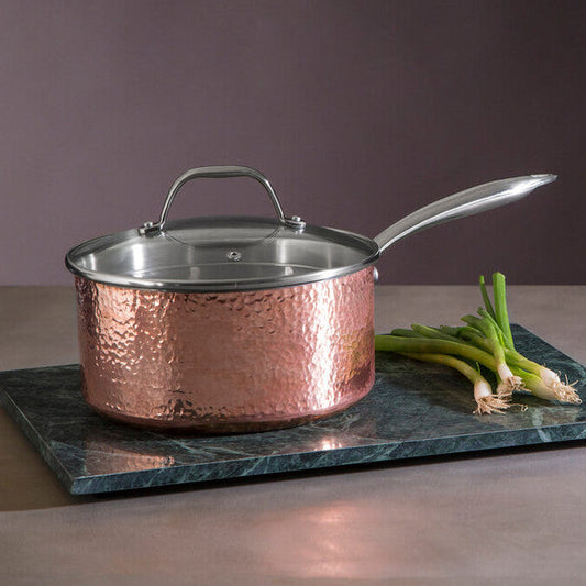 Copper Finish Large 20 Cm Hammered Saucepan with Lid | Minerva