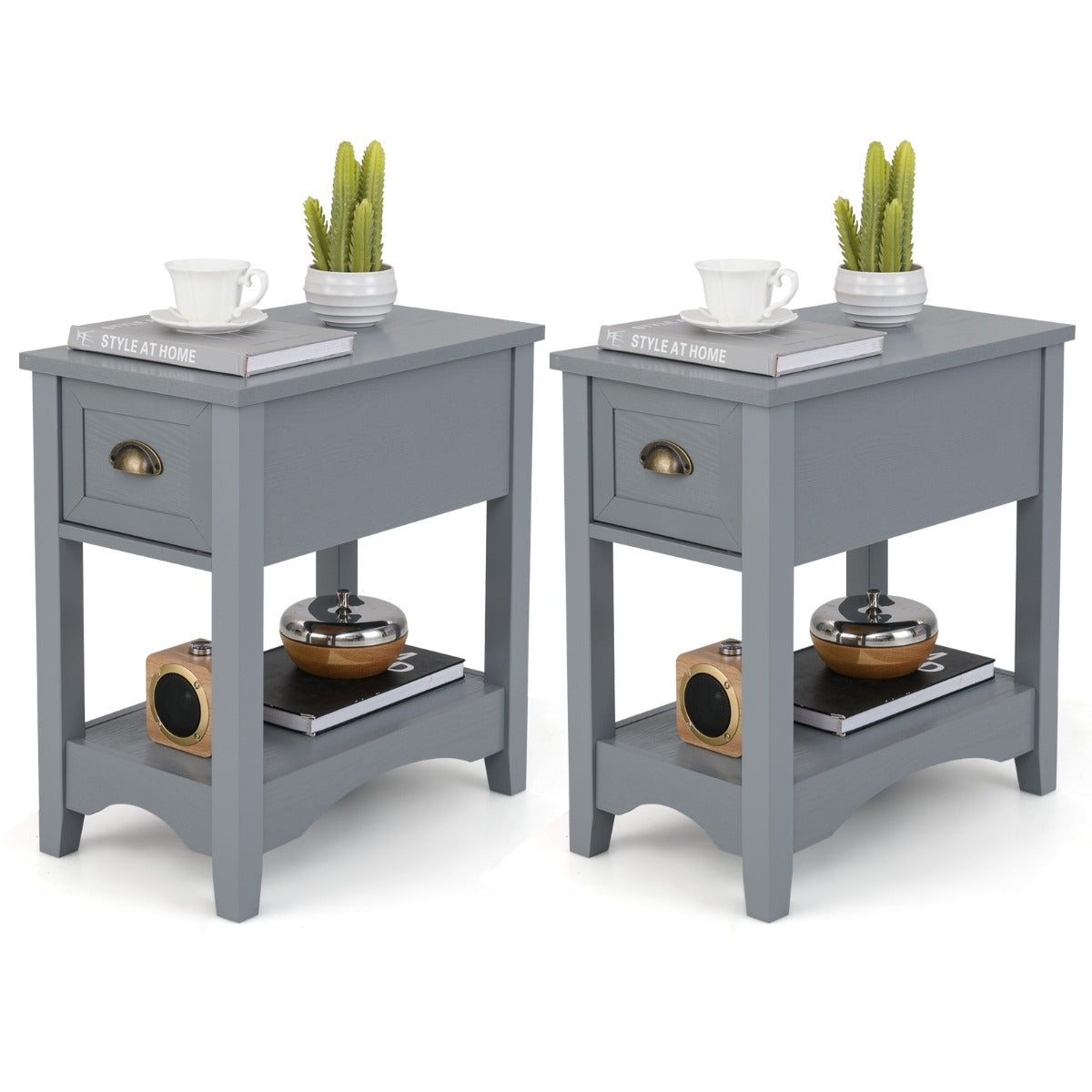 Rectangular Nightstand Set of Two with 1 Drawer 1 Storing Shelf and 4 Solid Rubber wood Legs-Black