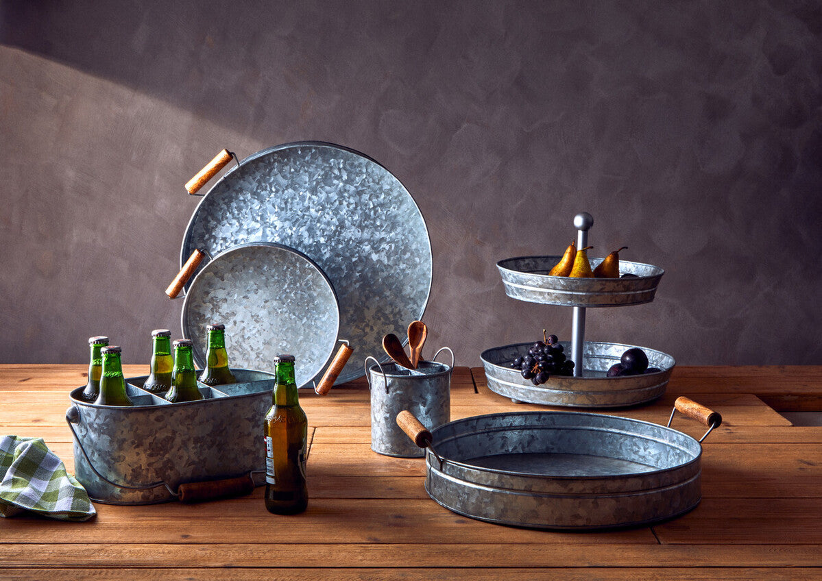 Drummond Round Galvanised Steel Tray With Wood Handles