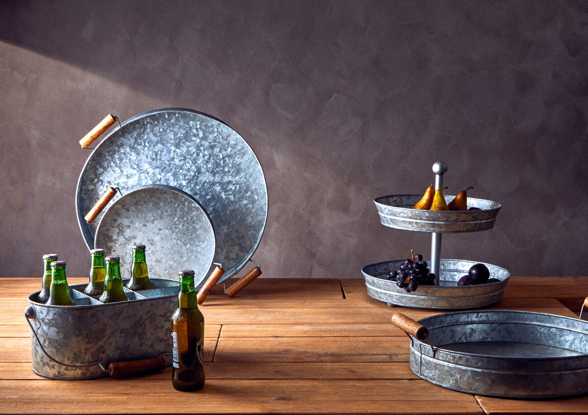 Galvanised Steel Round Tray with Wood Handles | Drummond
