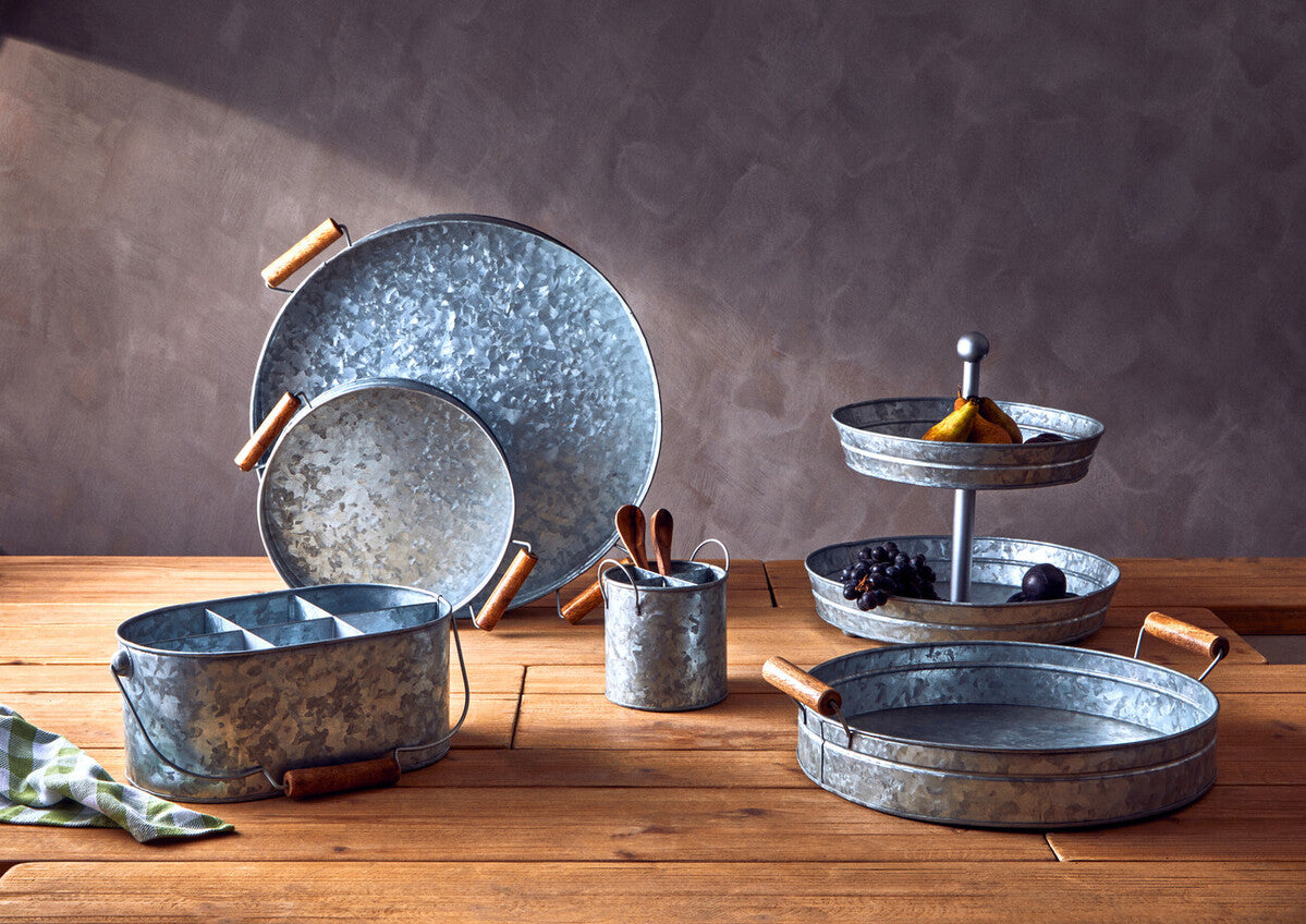 Galvanised Steel Round Tray with Wood Handles | Drummond