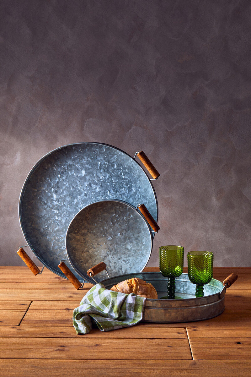 Galvanised Steel Round Tray with Wood Handles | Drummond