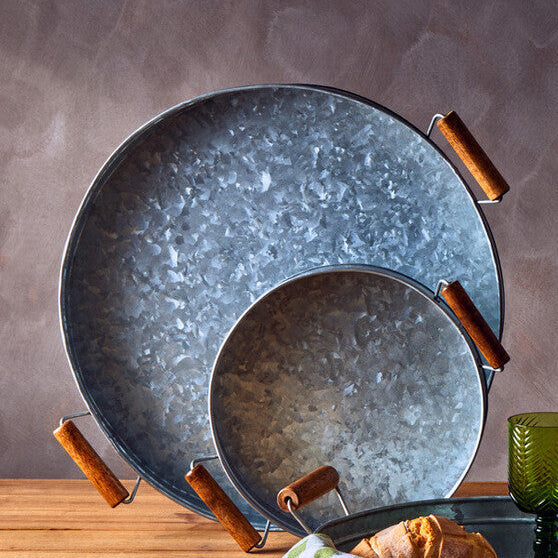 Galvanised Steel Round Tray with Wood Handles | Drummond