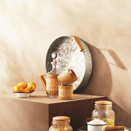 Drummond Galvanised Steel Round Tray With Wood Handles