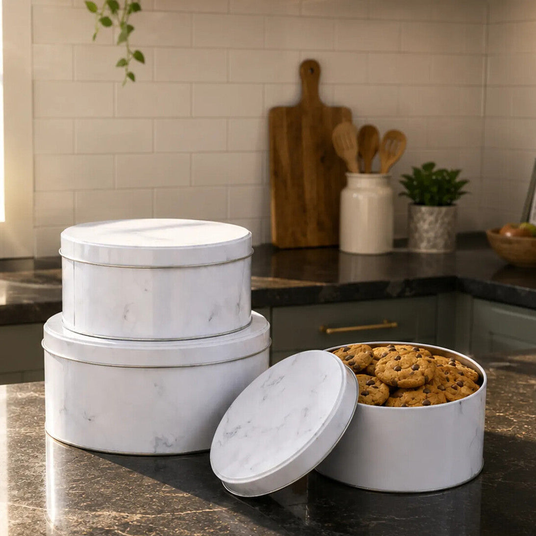Set of Three White Marble Effect Storage Tins | Paice