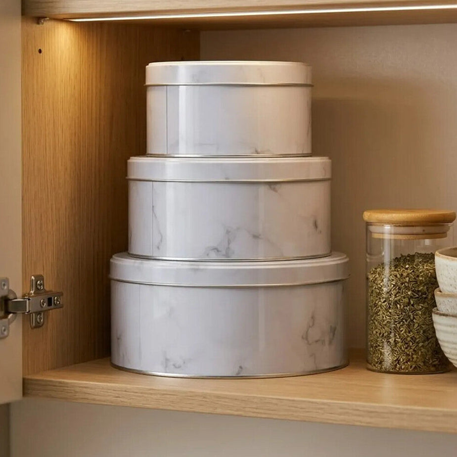 Set of Three White Marble Effect Storage Tins | Paice