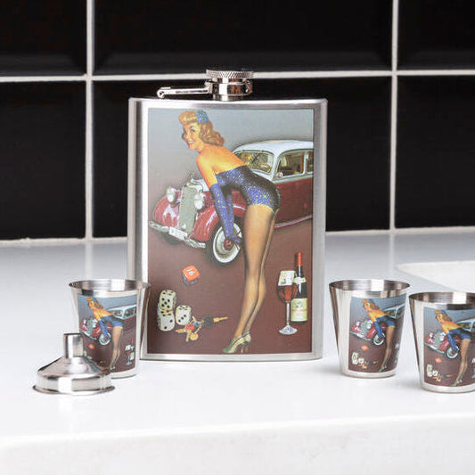 Pinup Hip 8Oz 4 Cups Flask Set
