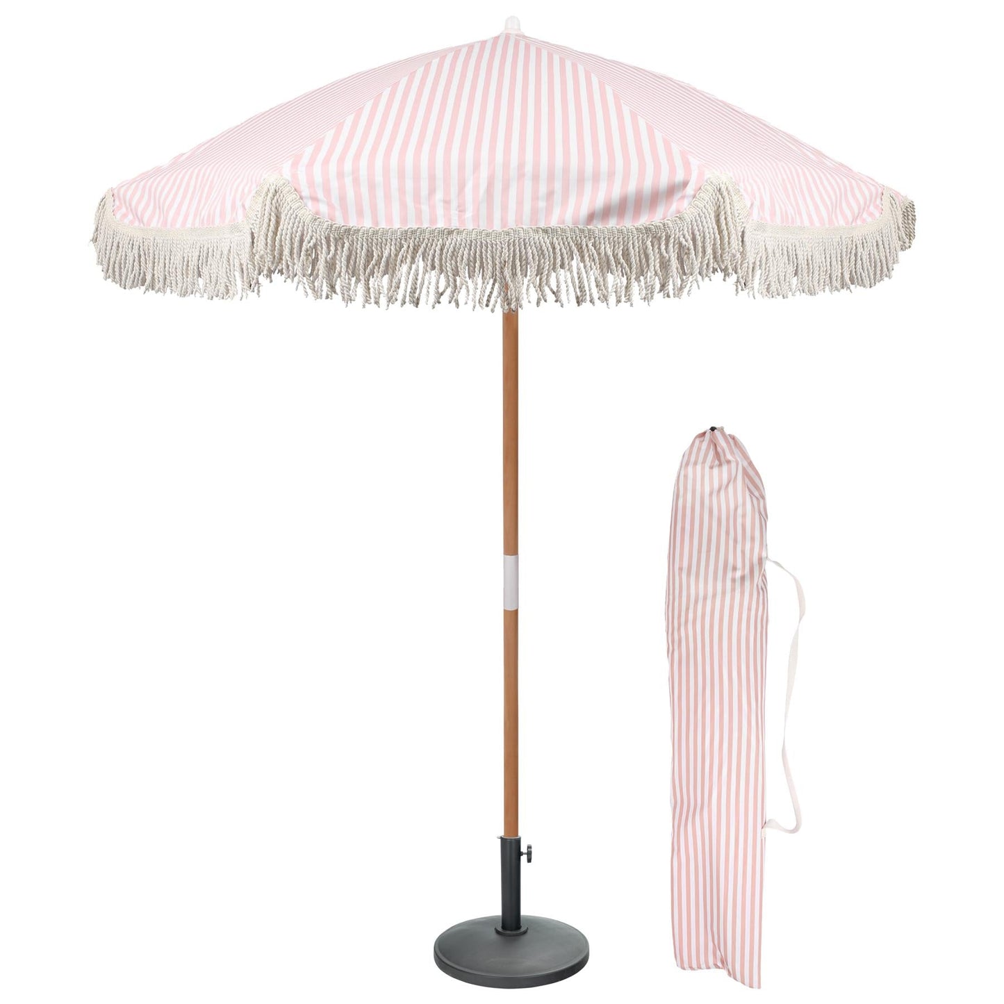 1.4M Tassel Fringed Wooden Garden Parasol & Base Set