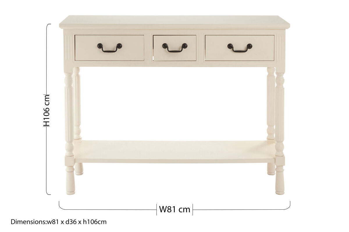 White Ivory Wooden 3-Drawer Console Table with Bevelled Top and Bottom Shelf, Heritage