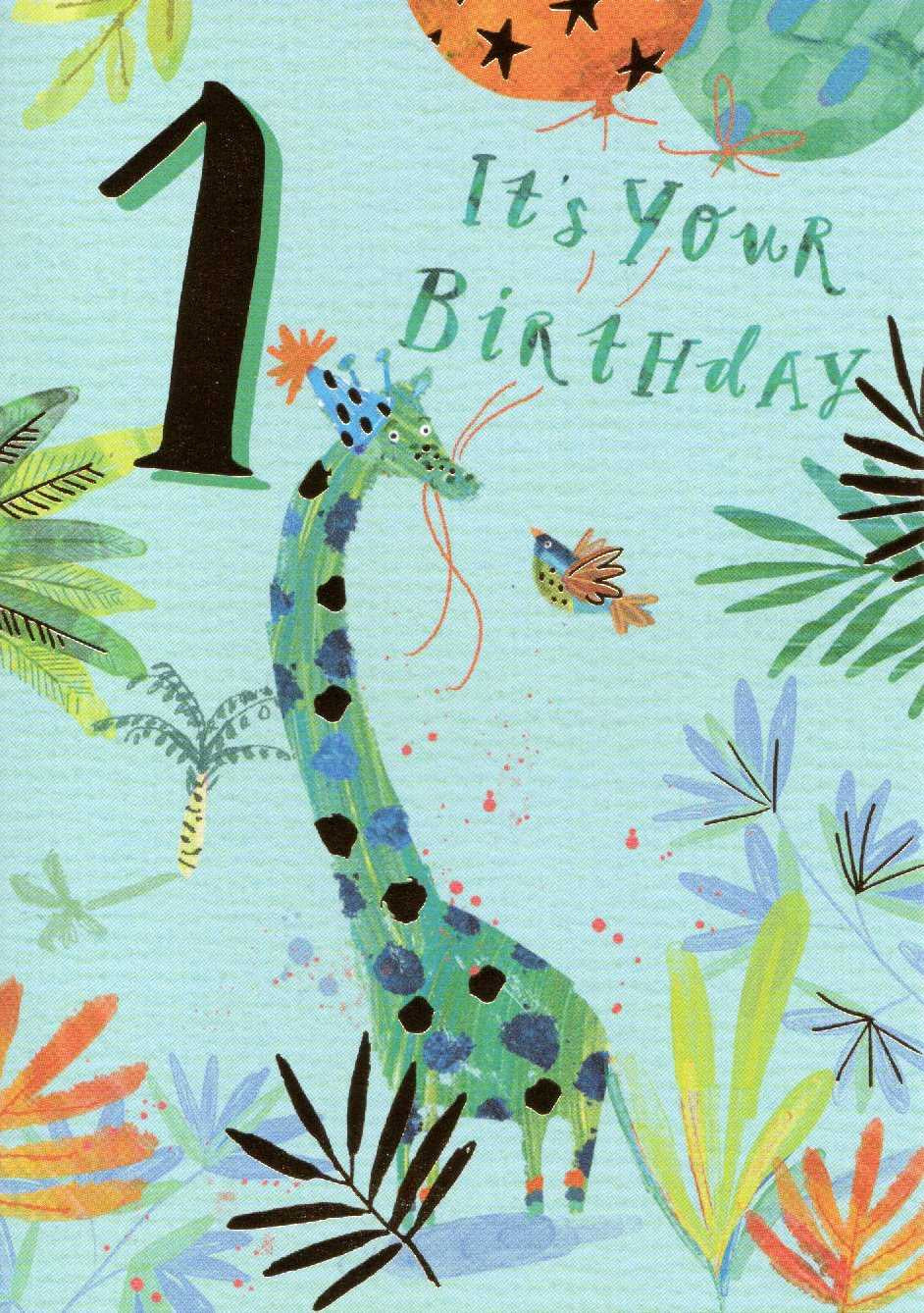 Birthday Card - Age 1: Blue Giraffe with Hat