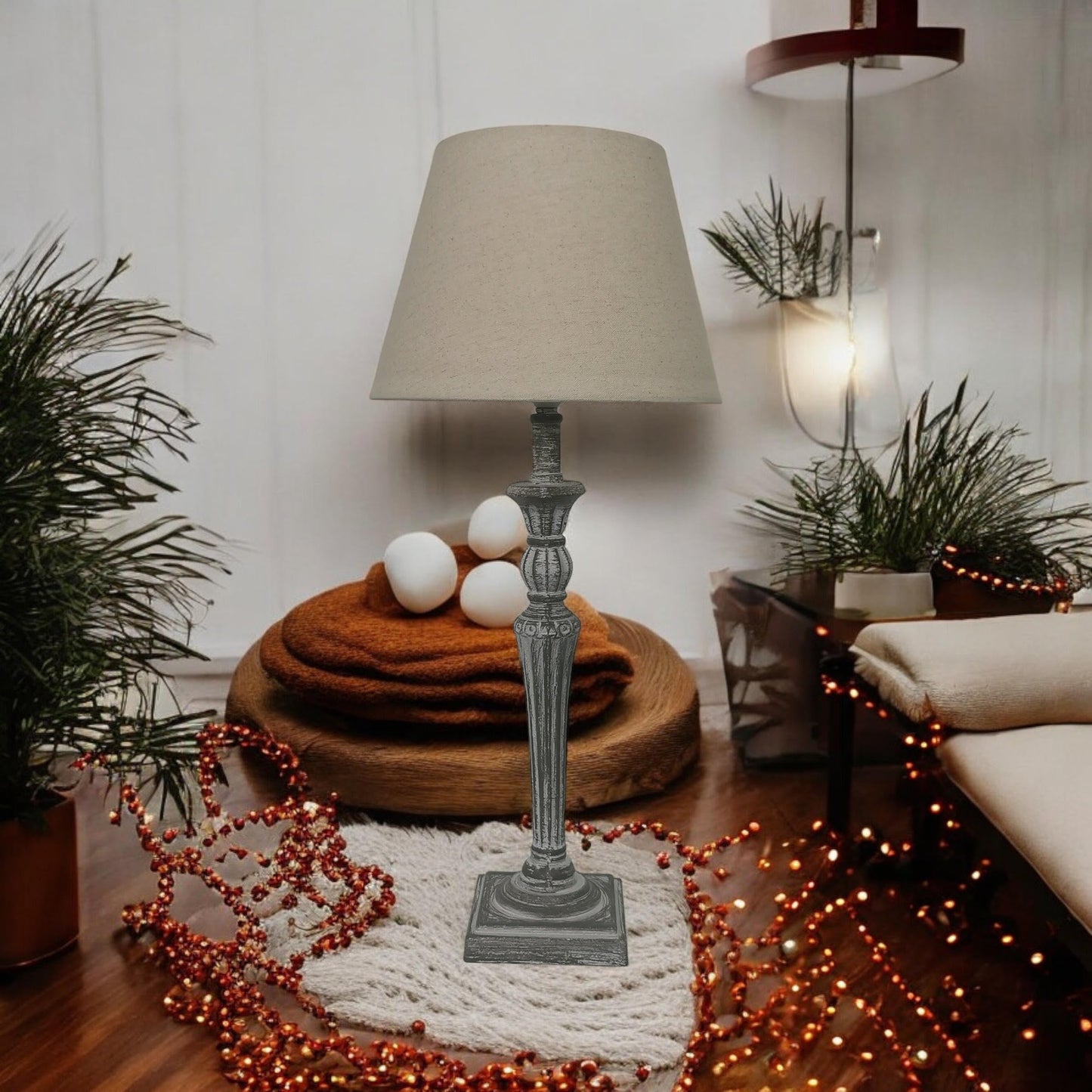 AcaciaHome Modern Tall Wooden Washed Table Lamp - Traditional Shabby Chic Design with Taupe Linen Shade, Wood Effect Finish for Living Rooms, Bedrooms, or Hallways Decor (32cm Grey with Cream Shade)