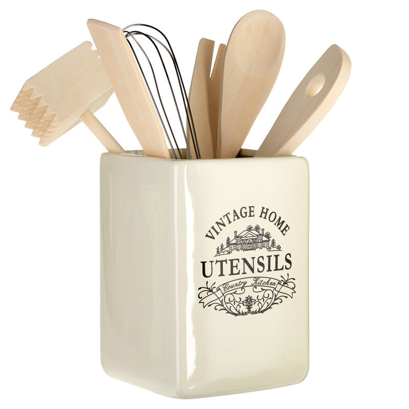 Vintage Home Square Cream Utensil Holder With 6 Utensils