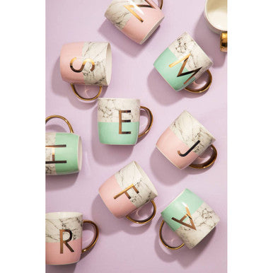 Frosted Deco Marble Effect and Pastel Green Monogram Mug, H
