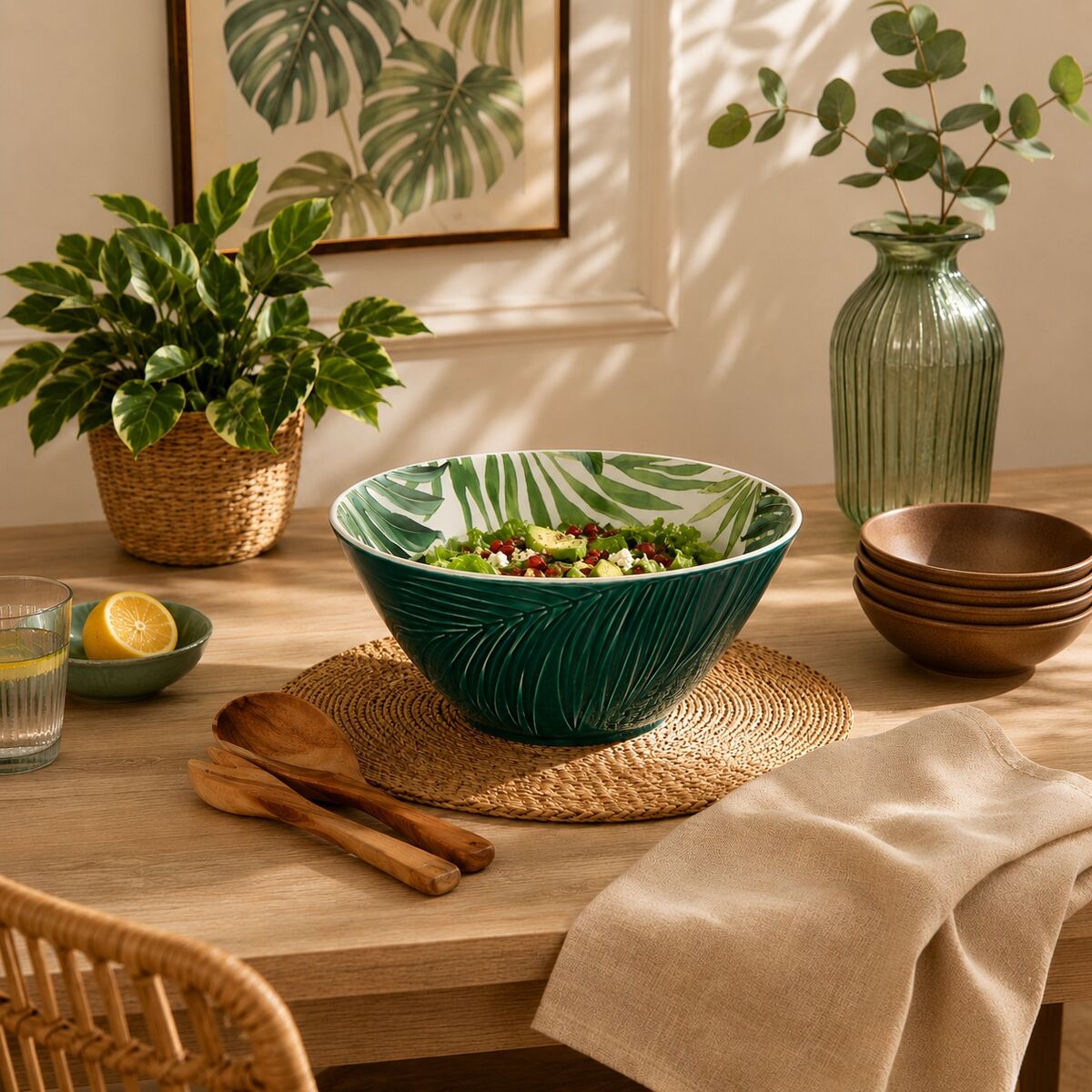 Dark Green Large Salad Bowl with Leaf Design | Bali