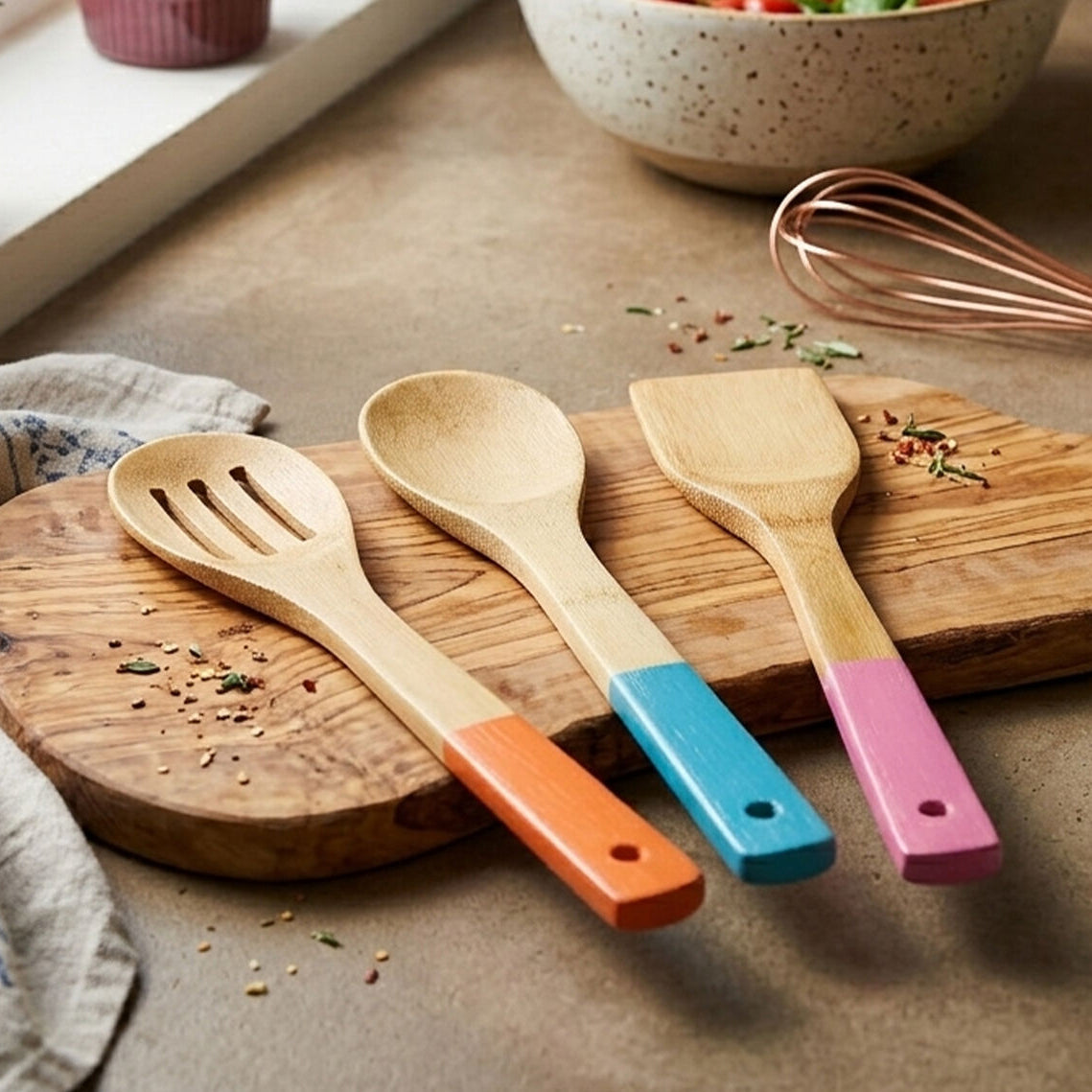 Aleki Natural Bamboo 3 Piece Utensil Set with Coloured Handles