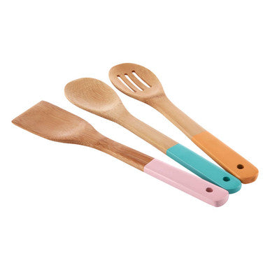 Aleki Natural Bamboo 3 Piece Utensil Set with Pastel Coloured Handles