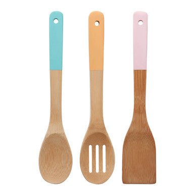 Aleki Natural Bamboo 3 Piece Utensil Set with Pastel Coloured Handles