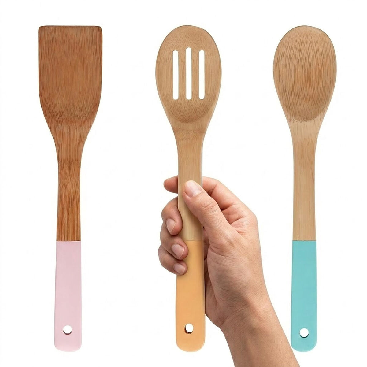 Aleki Natural Bamboo 3 Piece Utensil Set with Pastel Coloured Handles