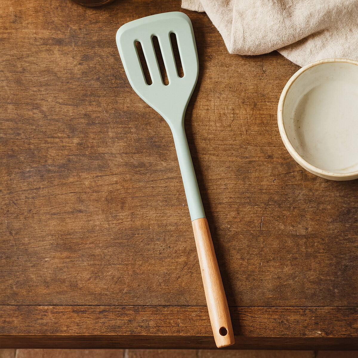 Sage Green Silicone Slotted Turner with Wood Handle | Nova