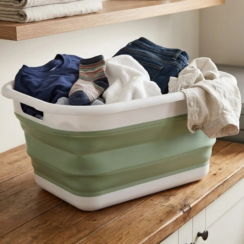 Collapsible Green White Laundry Basket | Averill