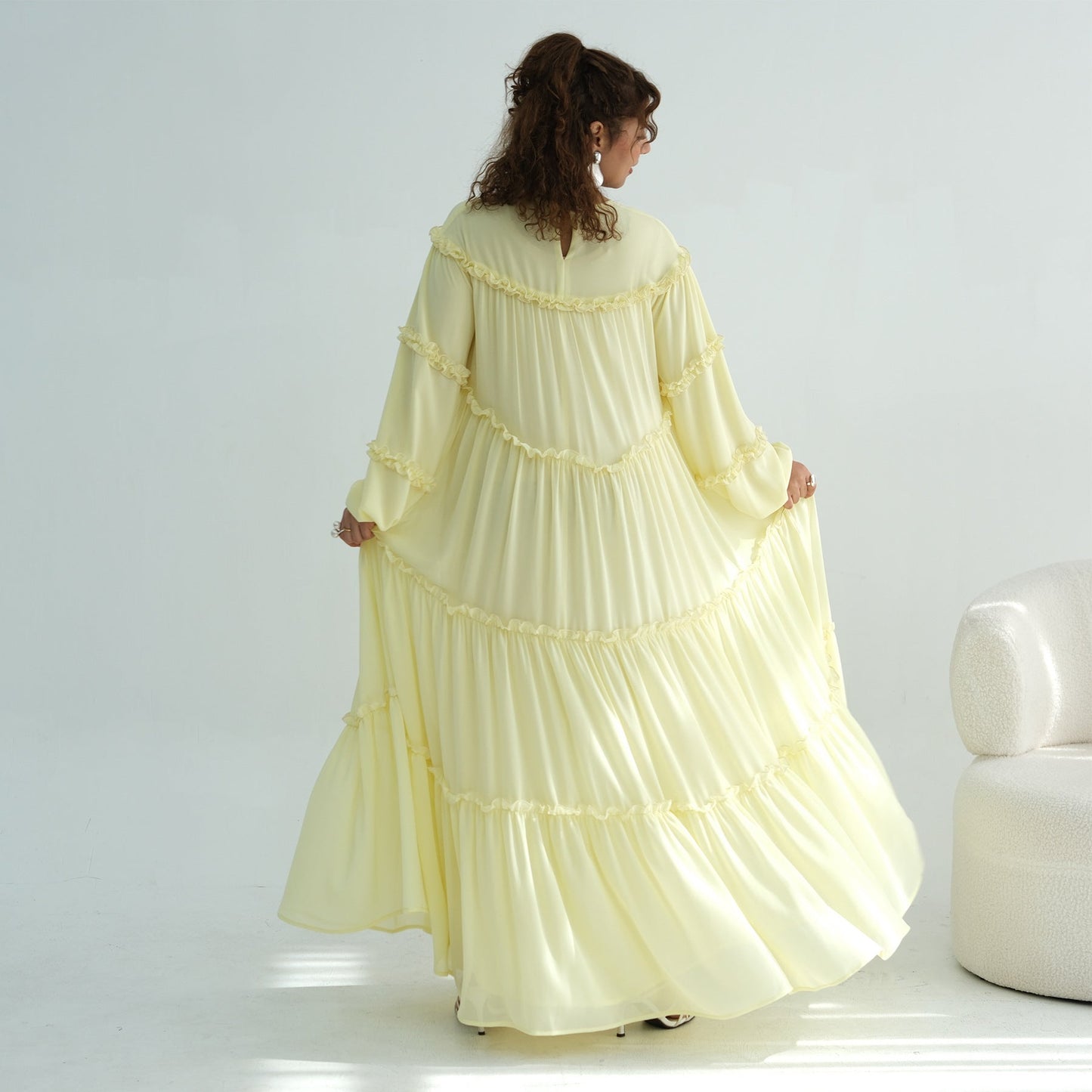 Lace-Trimmed Tiered Modest Dress - Long Sleeve A-Line Maxi