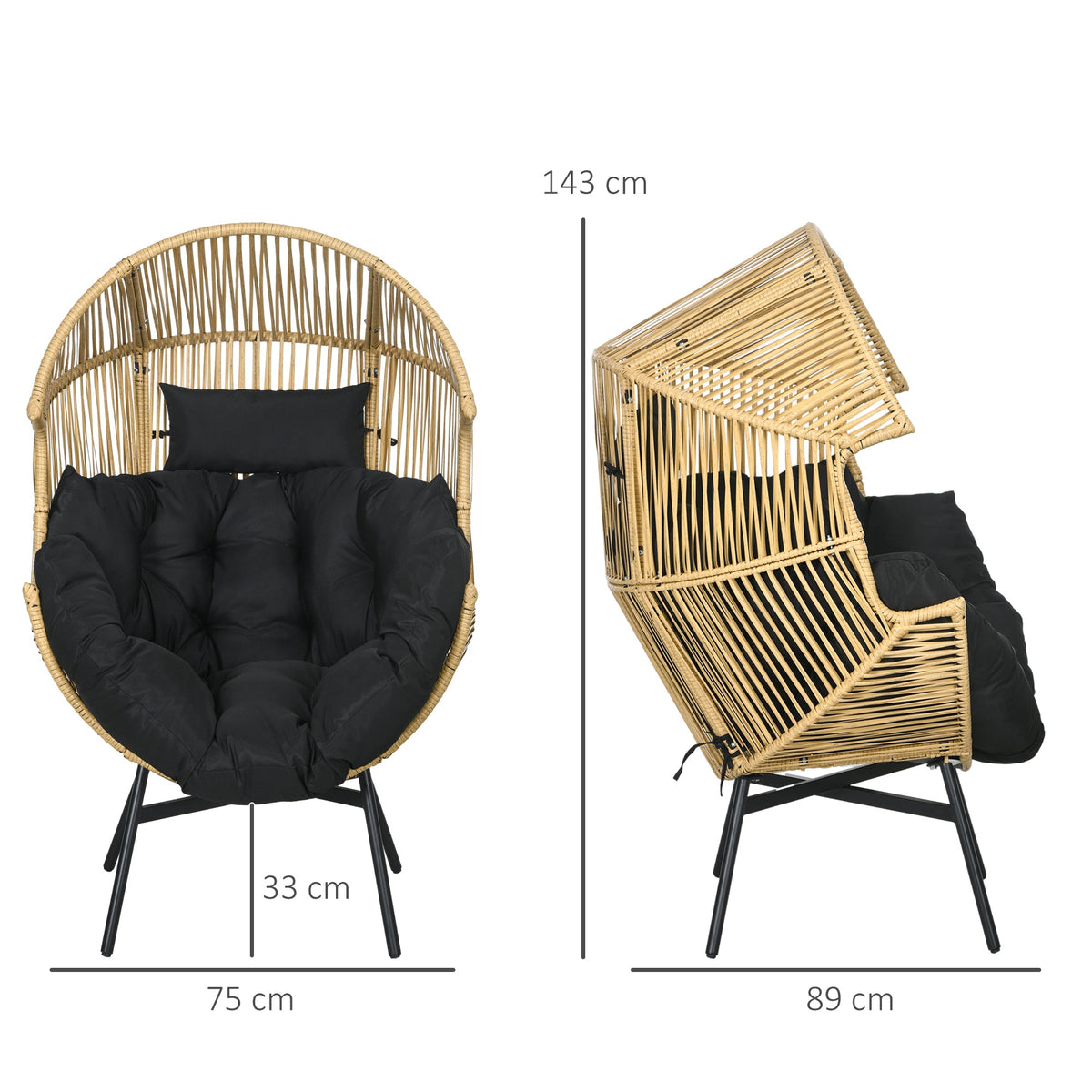 Outsunny Rattan Leisure Chair w/ Cushion, Garden Egg Chair with Headrest, Sand
