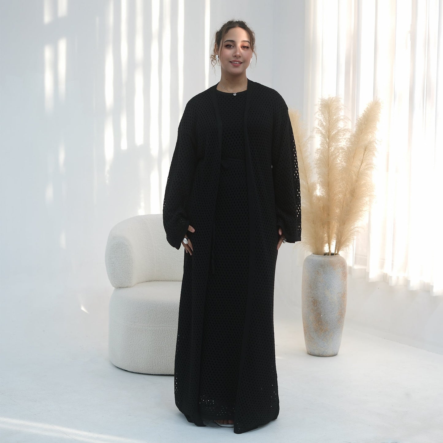 Elegant Hollow-Out Knit Dress - Modest A-Line Long Sleeve