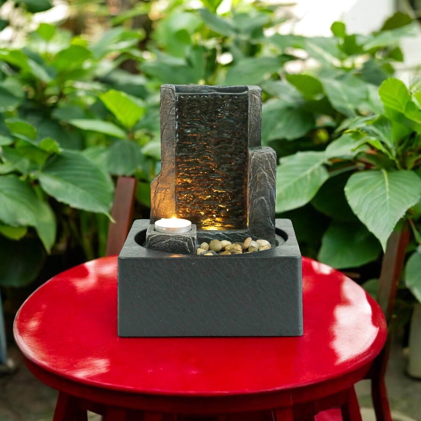 Water Feature Indoor Outdoor LED Fountain - Serene Waterfall Garden Decor in Polyresin, Weather Resistant Design with Pump & LED Light for Relaxation (LED Rectangle Waterfall)