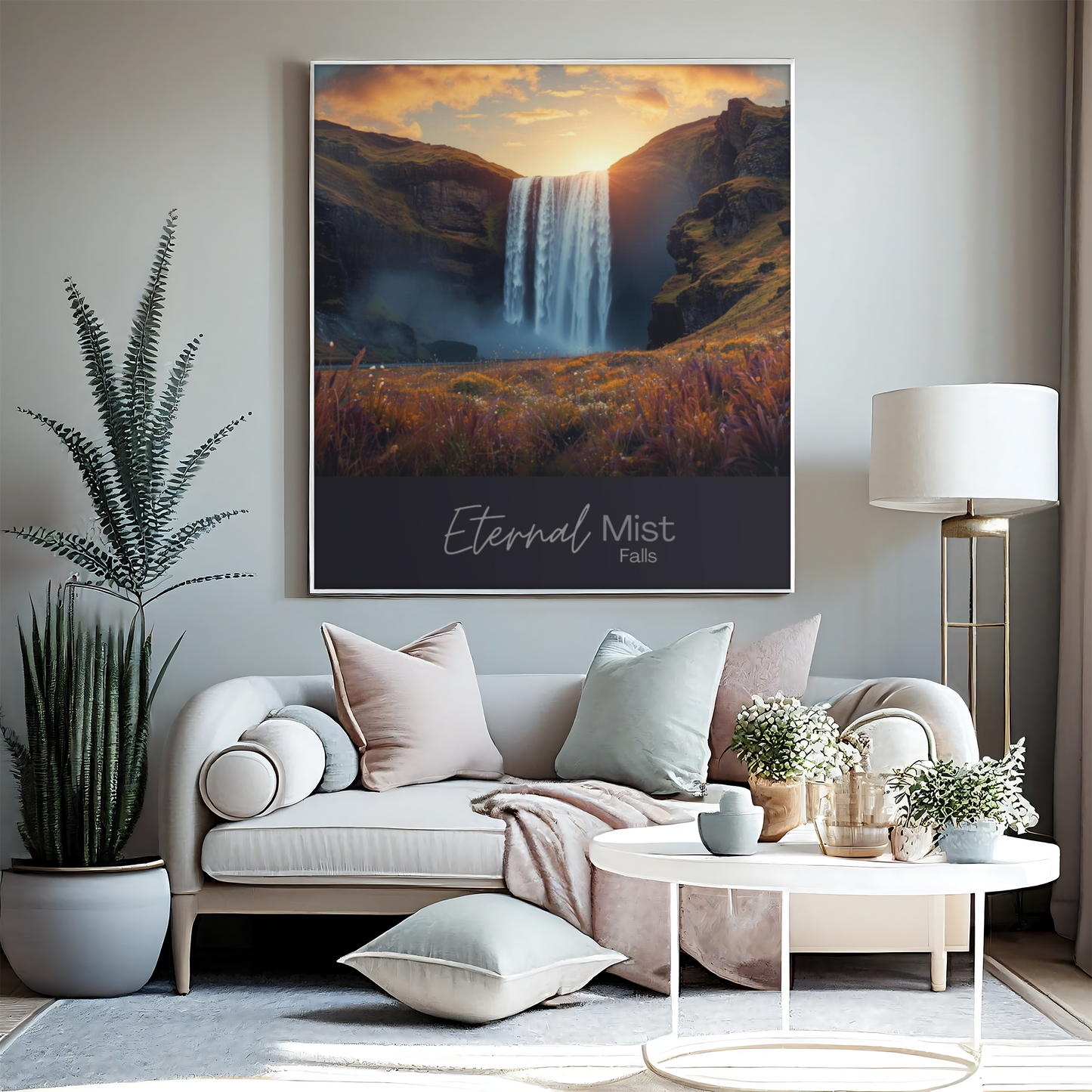 Eternal Mist Waterfall Poster | Sunset Landscape Wall Art | Modern Nature Decor