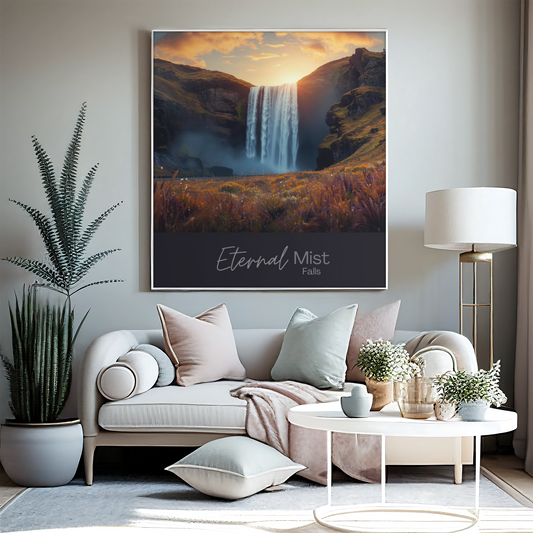 Eternal Mist Waterfall Poster | Sunset Landscape Wall Art | Modern Nature Decor