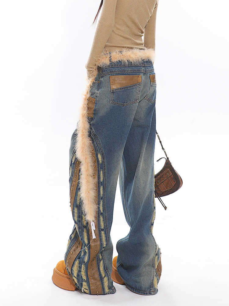 Deconstructed Leather Patchwork Jeans – Retro Washed Wide Leg