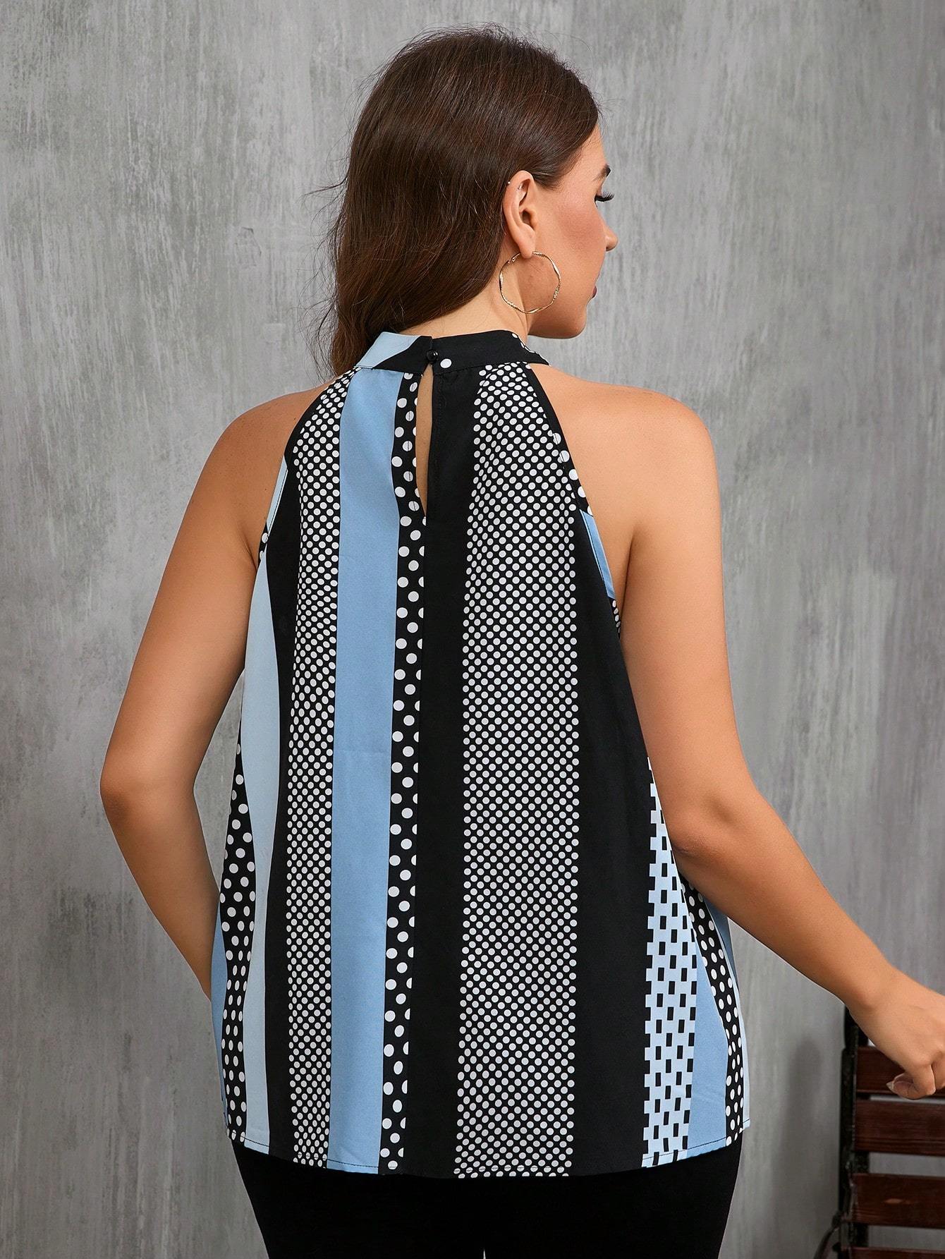 Women Contrast Polka Dot Print Casual Cold Shoulder Halter Blouse