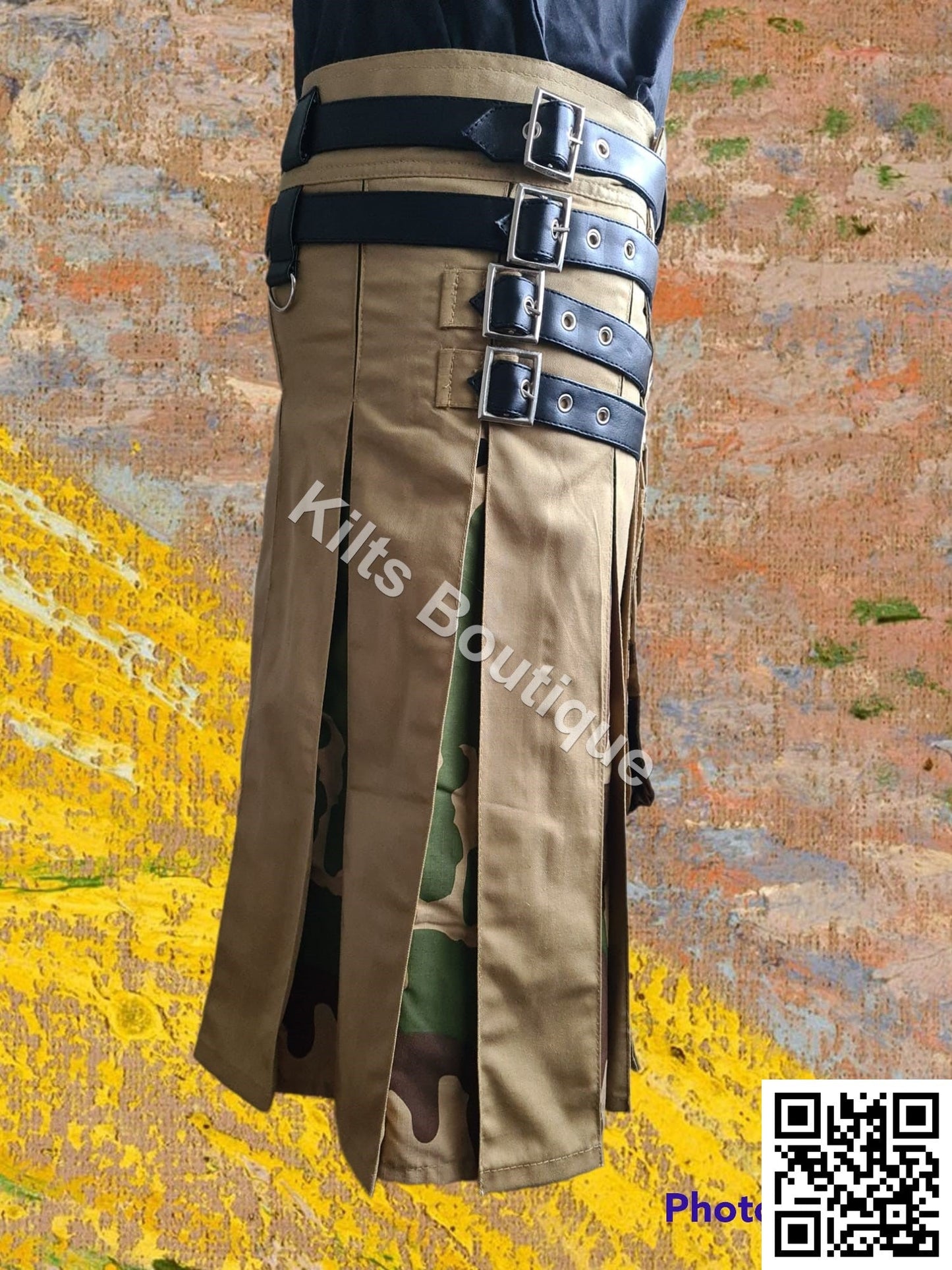 Khaki Camo Adjustable Utility Kilt for Men With Front Detachable Pocket