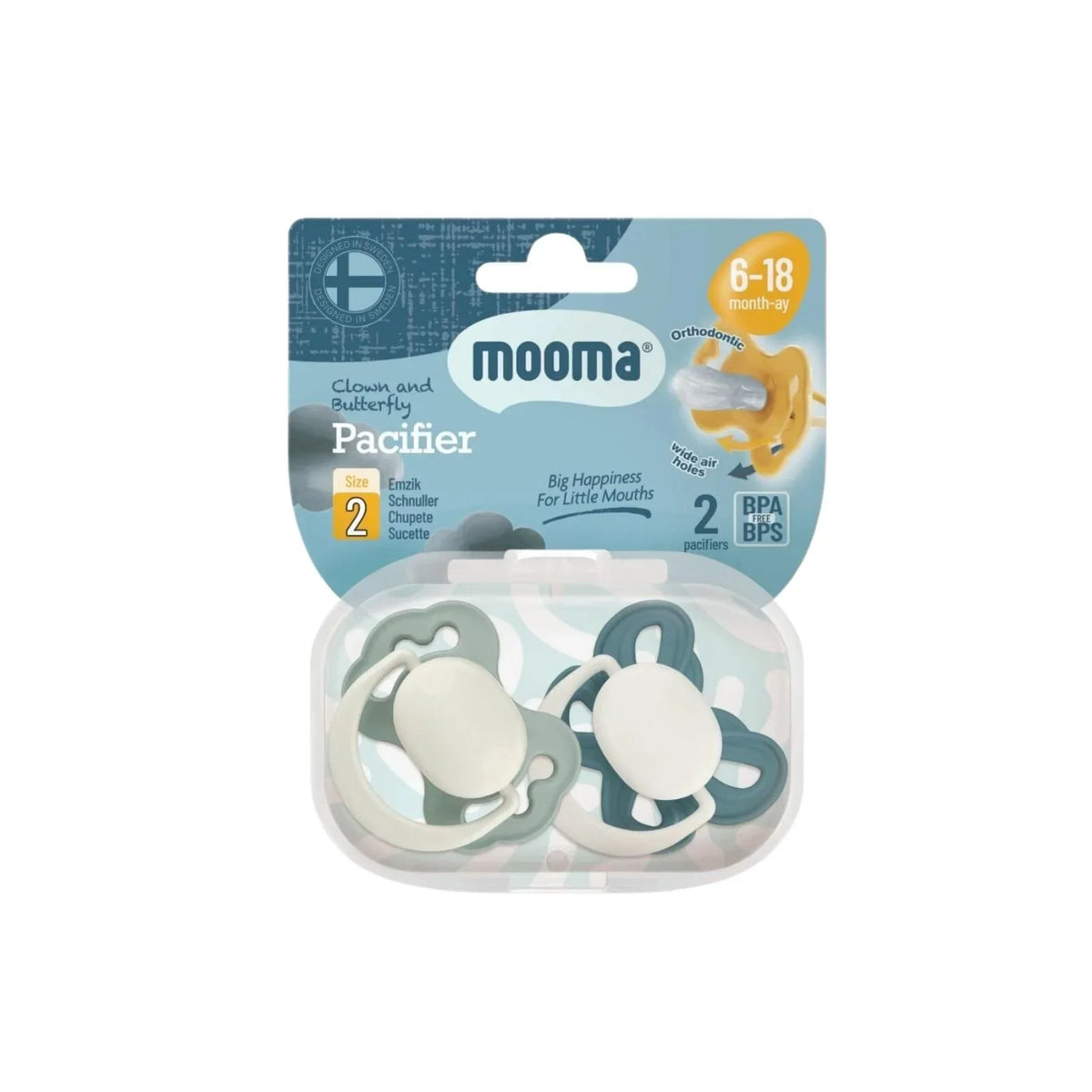 Mooma Clown & Butterfly Soothers 6-18 months Pack of 2 - River Green & Ball Blue