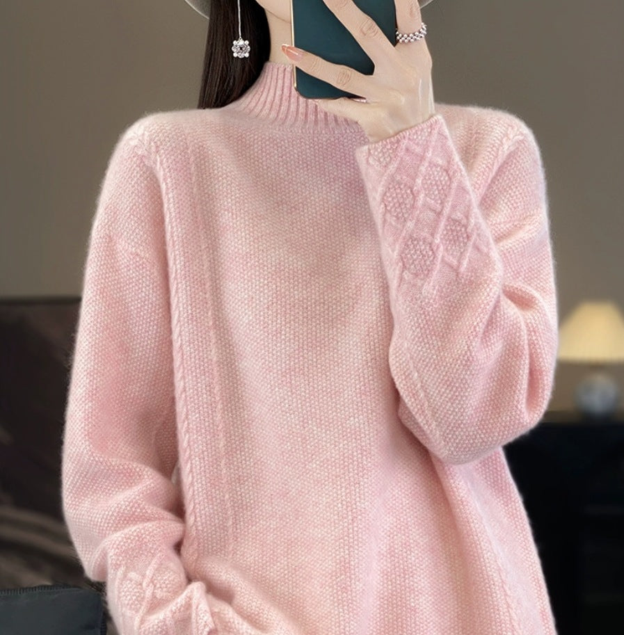 Retro Jacquard Knitted HalfHigh Neck Base Sweater Loose Effortless Base Top