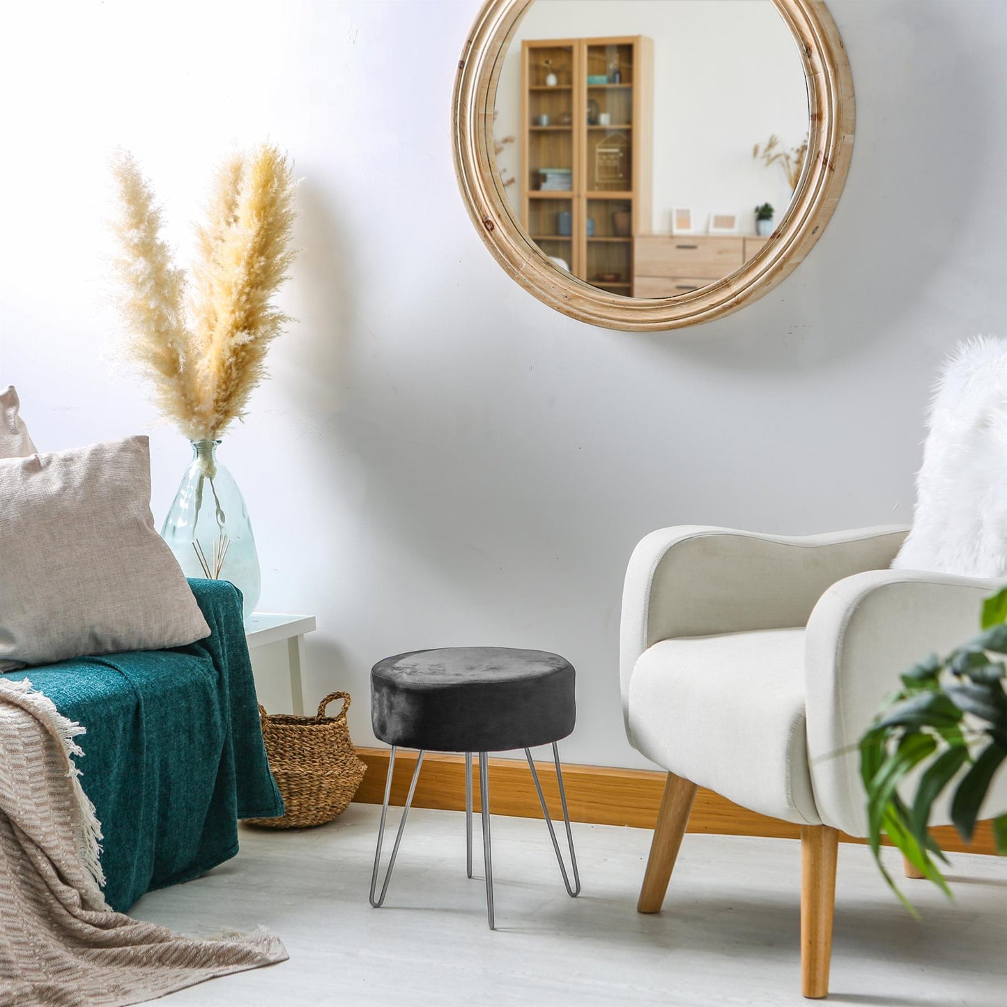 Black Round Velvet Footstool