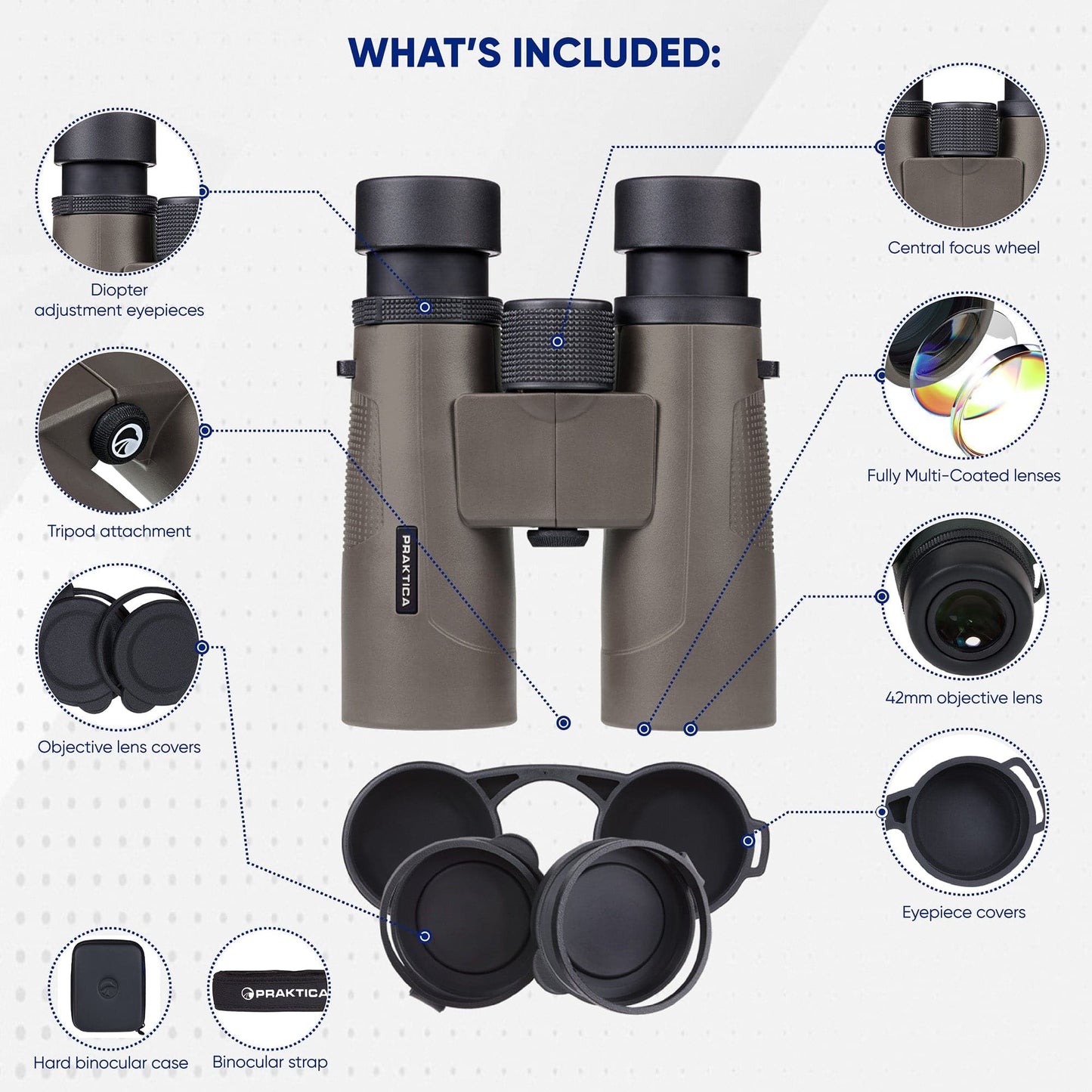 PRAKTICA Pioneer R 10x42mm Binoculars - Brown