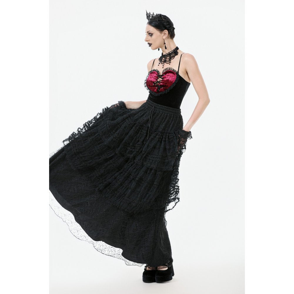 Dark in Love Morticia Gothic Velvet & Lace Skirt in Black