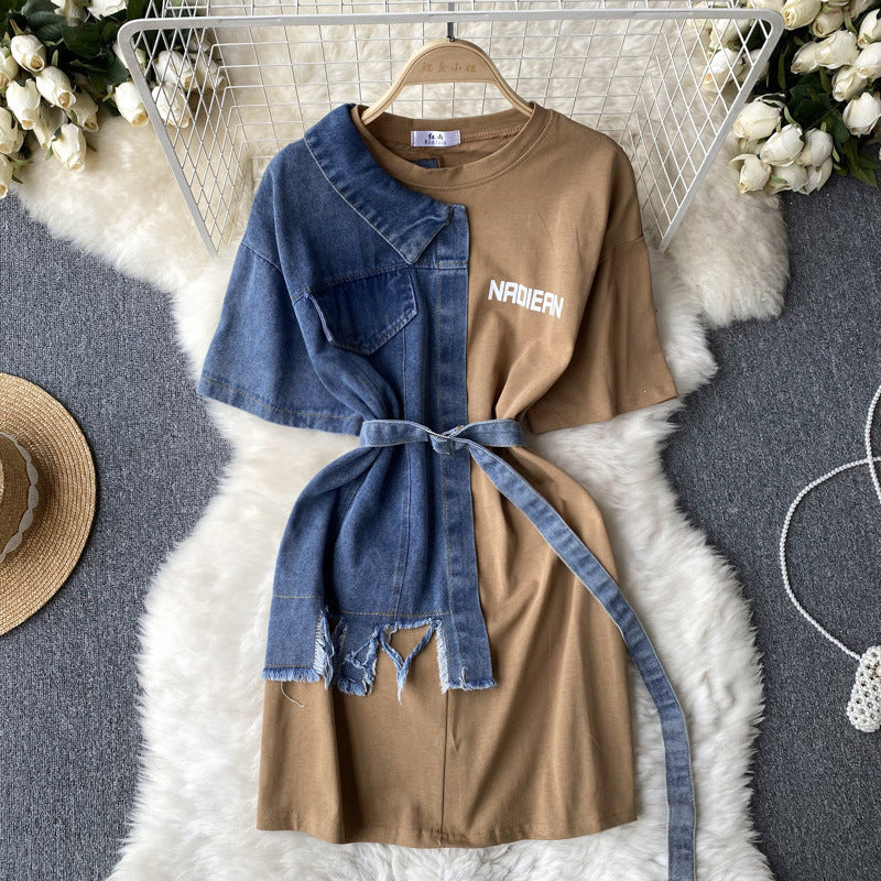 Round Neck Denim Patchwork Dress