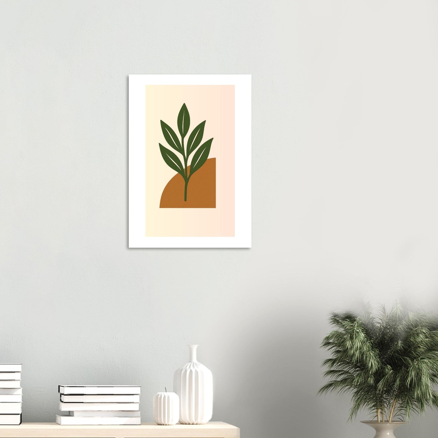 Green Leaf Botanical Wall Art – Minimal Plant Print with Terracotta Accent, Boho Decor