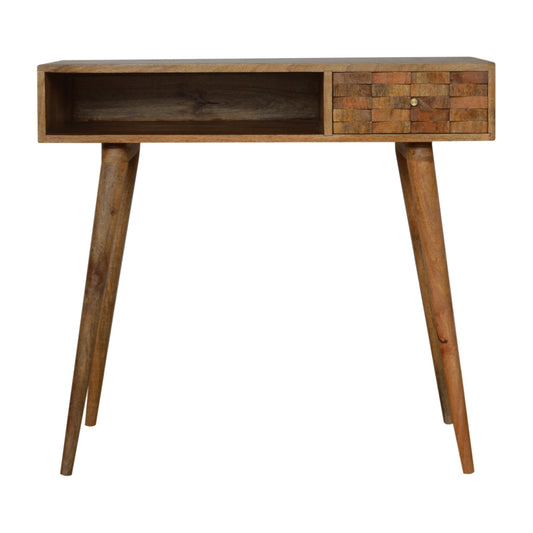 Tile Carved Open Slot Writing Desk | Oak Solid Mango Wood Hand-Carved