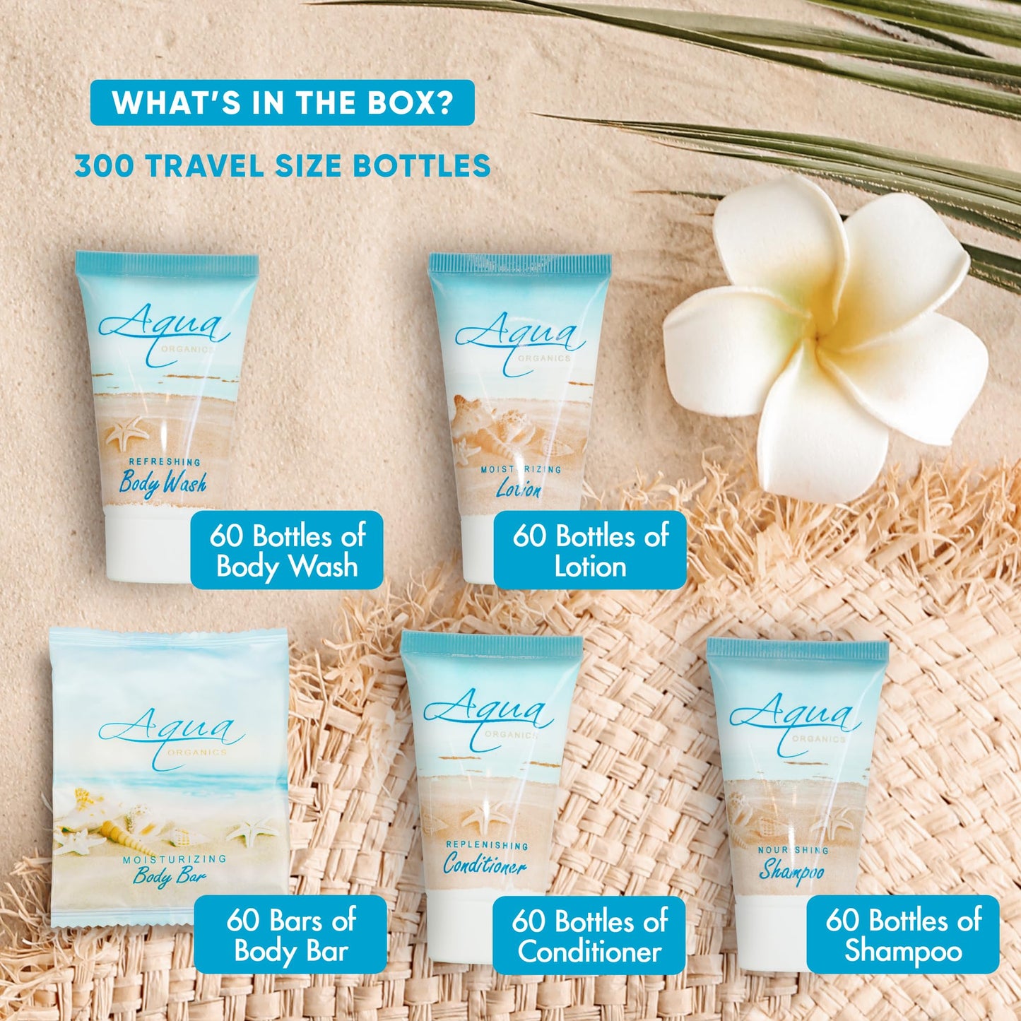 1-Shoppe All-in-Kit Aqua Organics Hotel Toiletries Bulk Set – 300 Pieces, 1oz Travel Sizes